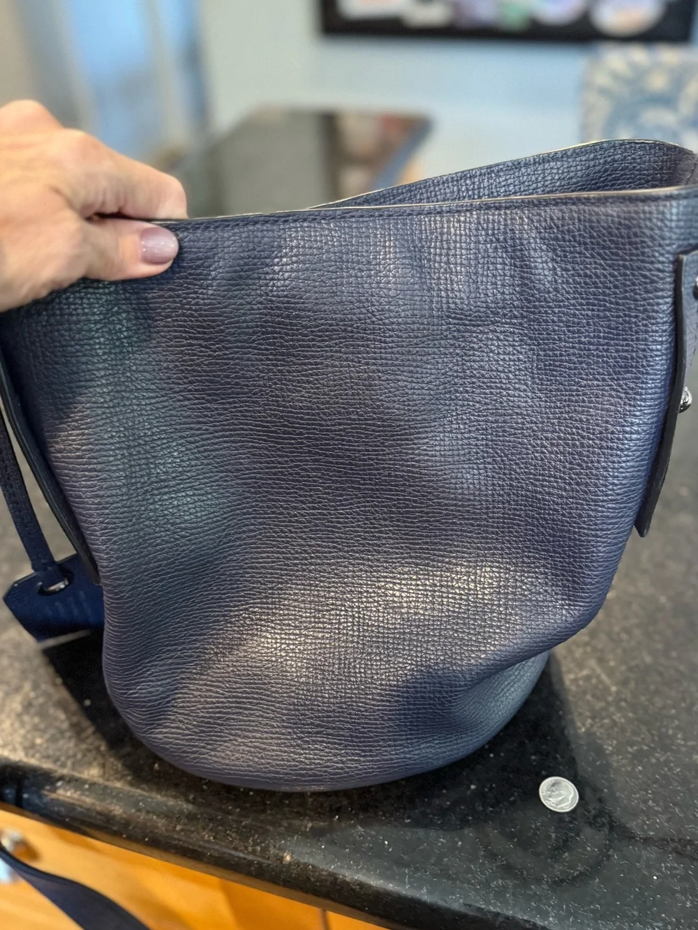 Marc Jacobs Pebbled Leather and suede bucket crossbody bag.
